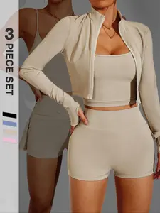 Three-Piece Set Women's Solid Crop Cami Top & High Waist Skinny Shorts & Long Sleeve Thumb Hole Zip Up Stand Collar Jacket Set, Slim-fitting Sporty Tummy Control Butt Lifting Sportswear Set for Yoga Gym Workout Running, Workout Running Clothes