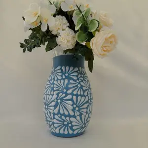 Baby Blue Boliche 9 1/2” Vase with Elegant Floral Design for Home Decor and Flower Arrangements (Flowers not included)