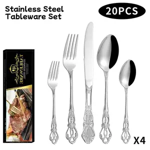20PCS Stainless Steel Silverware Set, Crown Embossed Flatware, Mirror Polished Tableware Set & Tableware Kit, Dishwasher Safe Cutlery for Home, Hosting, Party & Dining Setup tiktokshopspringglowup