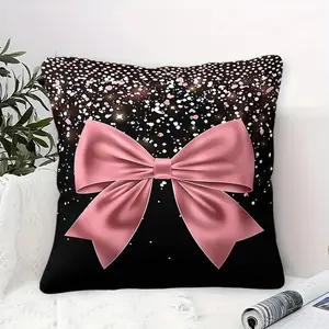 Glam Pink Bow Print Throw Pillow, Luxury Glitter Cushion, Chic Black Sparkle Accent Pillow (Includes Pillow Core), Aesthetic Bow Decor for Girls & Women Bedroom & Sofa