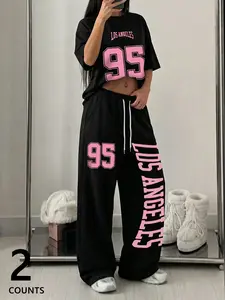 Women's Trendy Oversized Two-Piece Set, Los Angeles 95 Graphic Oversized Short-sleeve Top & Trendy Oversized Sweatpants, Ideal for Loungewear & Streetwear