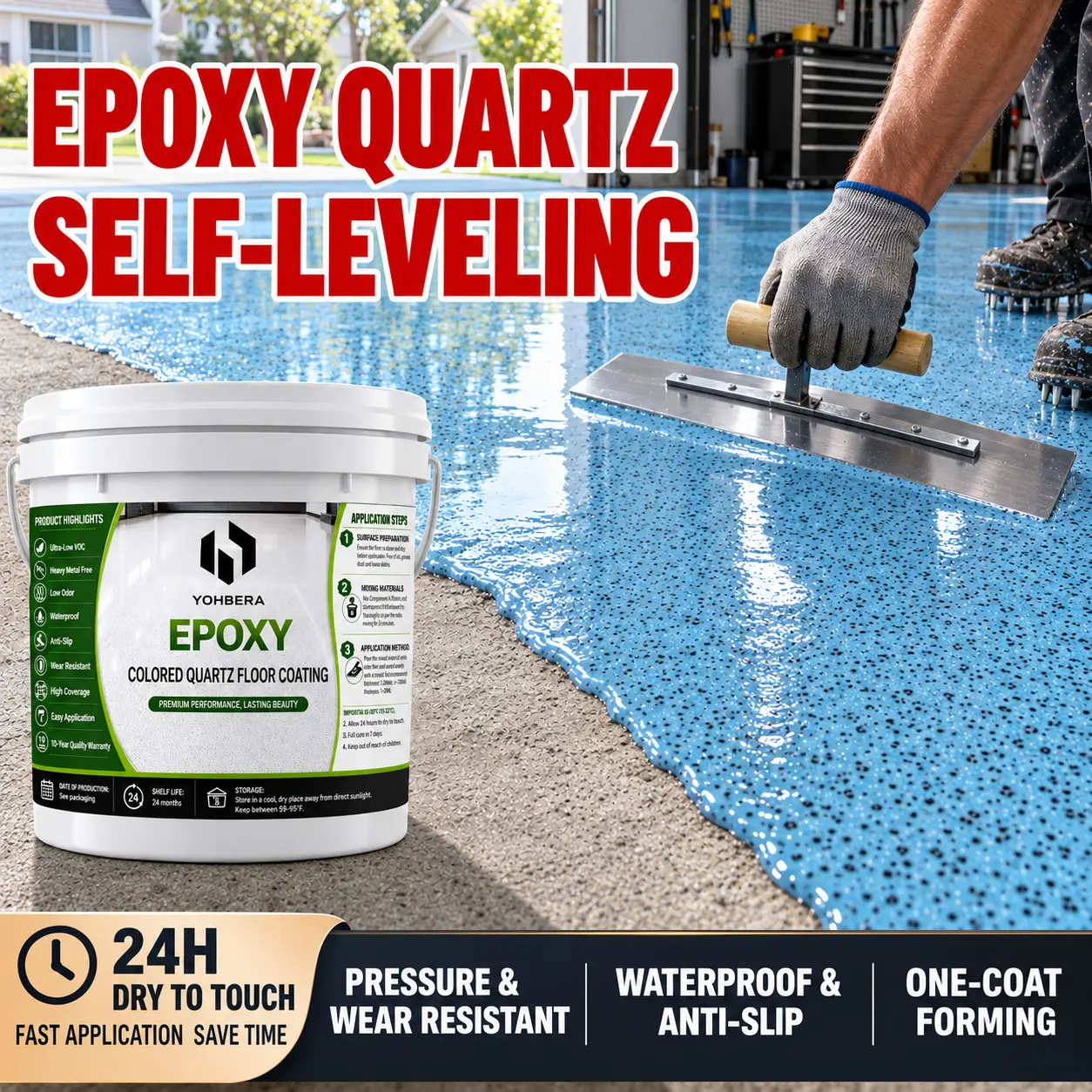 YOHBERA Decorative Quartz Epoxy Floor Coating - Waterproof, Slip-Resistant, Heavy-Duty, Seamless Finish for Concrete Floors (Home Improvement Deck Paint & Sealing Product)