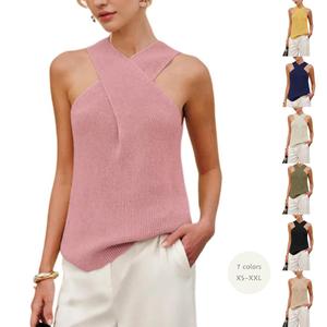 Yeokou Women's Halter Cross-Over Collar Knit Tank Top - Stretchy Soft Fitted, Solid Color, Minimalist Basic Women's Tops, Casual Summer Clothes with Comfortable Fabric,summerwins