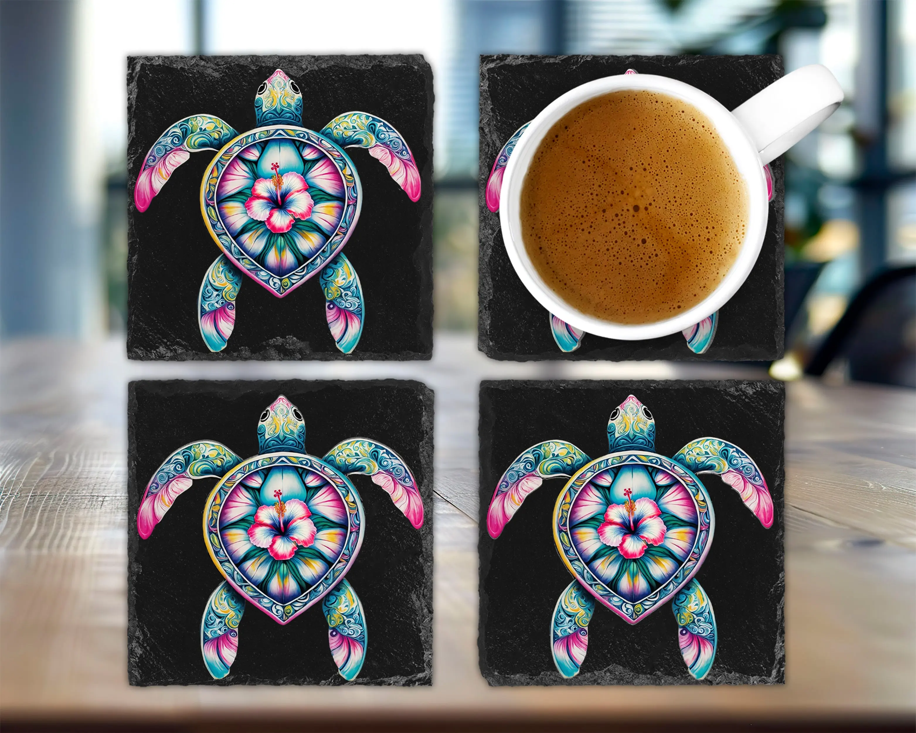 Mandala Sea Turtle Drink Coasters – Hibiscus-Shell Tropical Decor | Slate, Bamboo Wood, Glass, Leather & Sandstone | Set of 4
