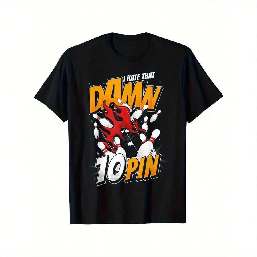 180gLatest Products Funny 'I Hate That Damn 10 Pin' Men's Bowling Shirt - 100% Organic Cotton, Black Crew Neck, S-XXXL, Perfect For Casual Wear & Bowling Enthusiasts, Bowling Accessories