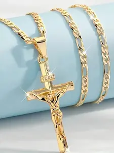 Gold Ferragamo Chain Jesus Cross Necklace, religious jewelry, Decorative Necklace. The textured, polished Ferragamo chain features a three-dimensional crucifix pendant, making it suitable for everyday wear and expression of faith.