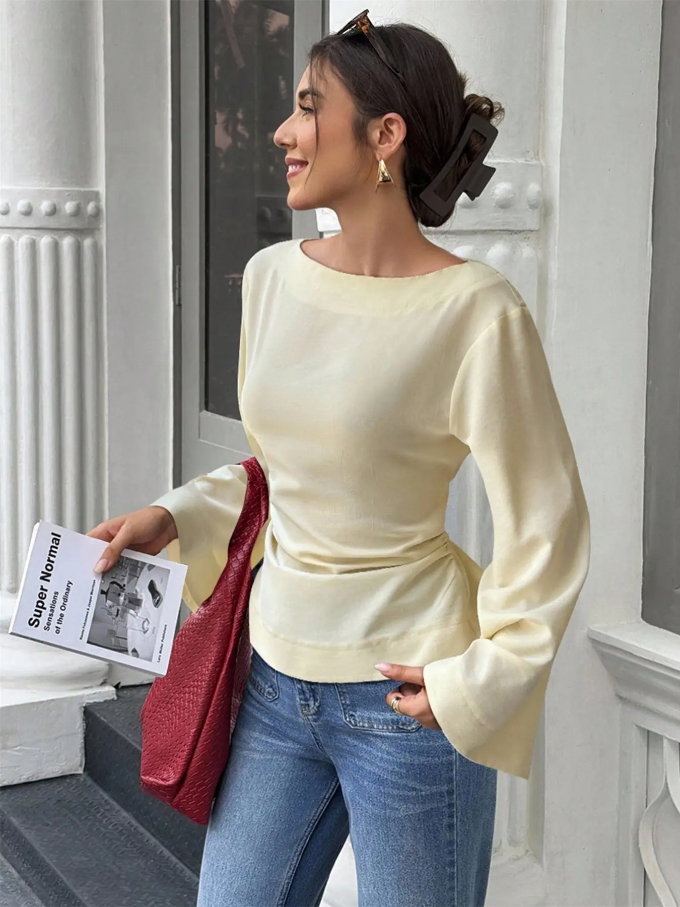Elegant Vintage Casual Style Women's Blouse Shirts Boat Neck Top, Fitted, Waist Cinching, Back Tie, Long Sleeve Flare Sleeves, Perfect for Daily, Fall & Winter Fashion, Womenswear Garments