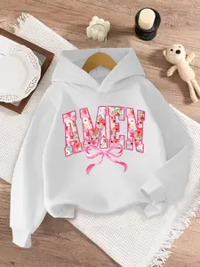 Girls' Spring & Fall Casual Letter Print Floral Print Hoodie, Long Sleeve Loose-Fitting Sweatshirt, Comfortable All-Season Wear, Perfect Gift
