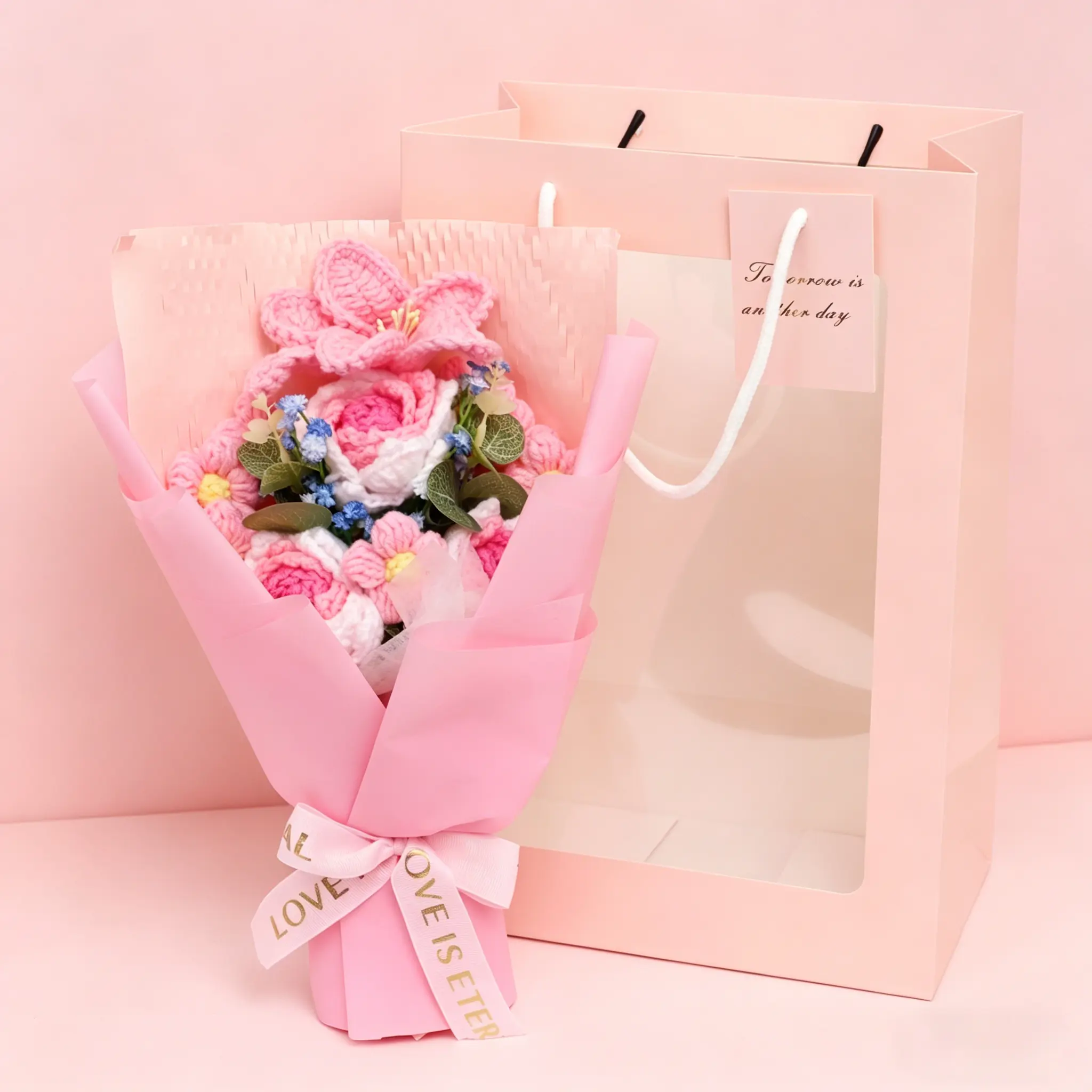 Greatflower Hand-Woven Soft-Tone Preserved Dried Flowers Bouquet in Pastel Colors for Elegant Home Decor with Delicate Ribbons