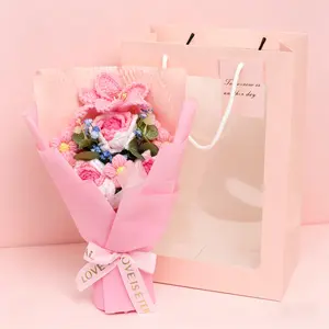 Greatflower Hand-Woven Soft-Tone Preserved Dried Flowers Bouquet in Pastel Colors for Elegant Home Decor with Delicate Ribbons