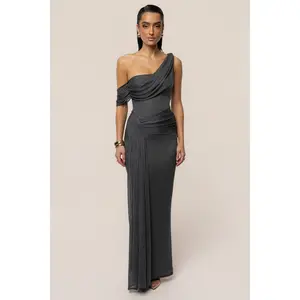 Gun Metal Draped Metallic Maxi Dress