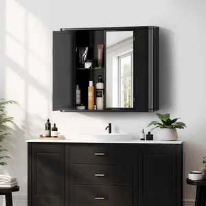 Nicole Selection Medicine Cabinet with Mirror, Rustproof Bathroom Storage Cabinet, Double Door Wall Mount Mirror Cabinet with Towel Bar, Tempered Glass, No Drill Easy Install
