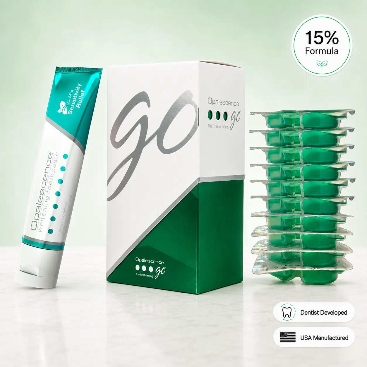 Opalescence Teeth Whitening Bundle – 15% Hydrogen Peroxide Opalescence Go Trays (10 Treatments) & Sensitive Whitening Toothpaste 4.7 oz – Cool Mint