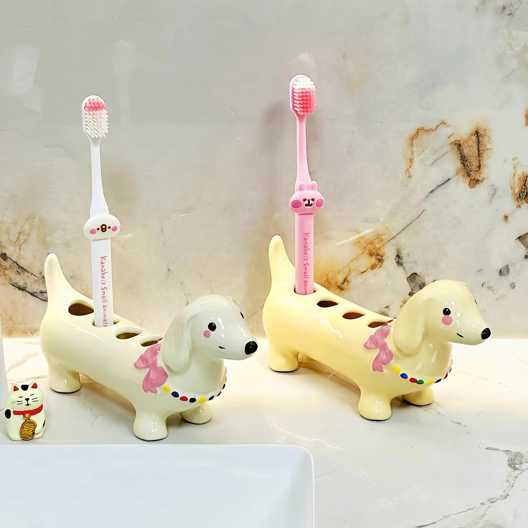 Dachshund Table-Mount Toothbrush Holder Set - Casual, Cute Dachshund Look, Quick Grab Access, Multifunctional Space-Saving Playful Decor for Family Bathroom Home Supplies