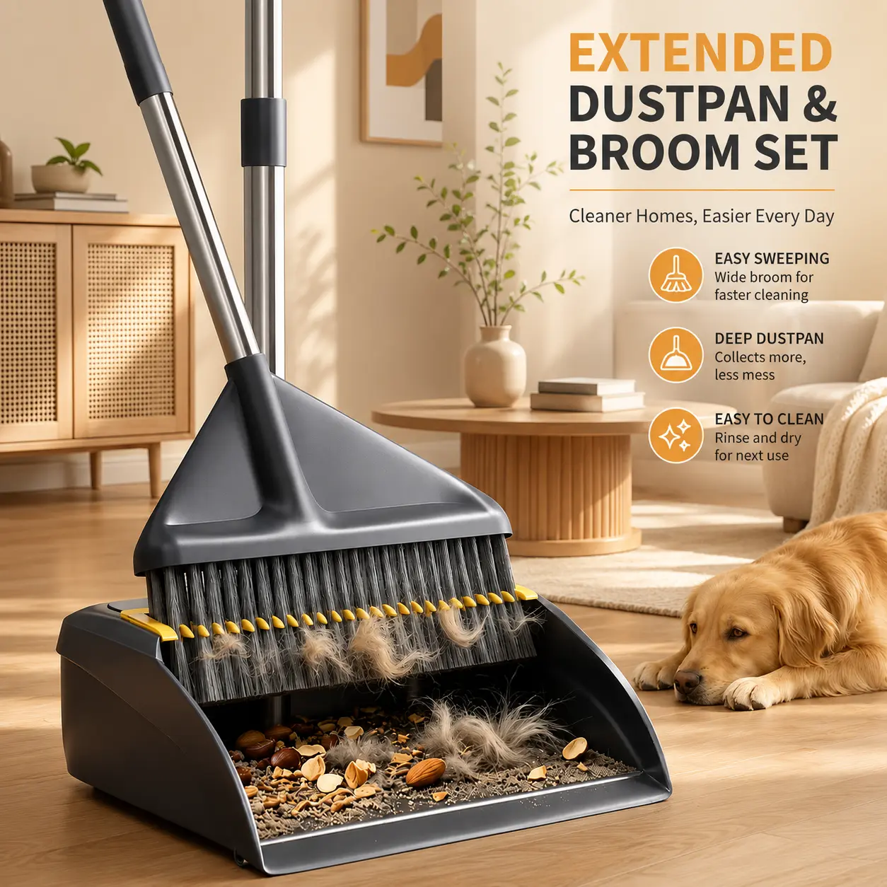 Joybos Broom and Dustpan Set with Comb Teeth, Heavy Duty Stainless Steel Long Handle Upright Broom for Pet Hair, Family Use, Home Kitchen & Outdoor Surfaces Multi-Size Cleaning Tool (Camping Essential), Centimeters