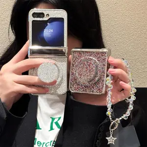 Luxury Glitter Magnetic Stand Phone Case For Samsung Galaxy Z Flip 7 6 5 Flip6 Flip7 Cover with Chain Hinge Cases for Magsafe