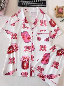 Women's 2-Piece Cherry Drink Bow Full Print Pajama Set, Collared Button Short Sleeve Top and Loose Comfortable Shorts, Sweet Sleepwear Pjs, Loungewear