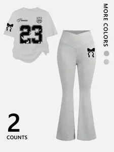 Women's Two-Piece Digital Print Short Sleeve Top & Bell Bottom Flared Pants Set, Casual Fitted for Daily Wear, Everyday, Comfortable Fashion Choice Outfits