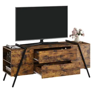 Garvee Mid Century Modern Entertainment Center TV Stand for 50 to 65 Inch TVs with 2 Storage Drawers and Side Open Shelves, Rustic Brown Media Console Table for Living Room and Bedroom