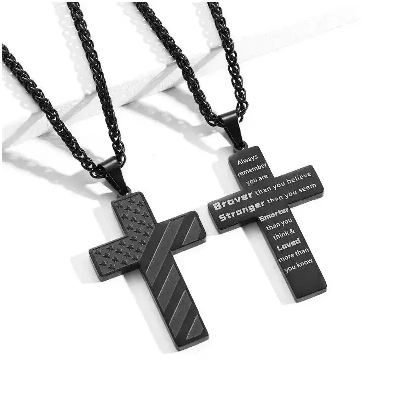 Men's Cross Emblem Necklace - Engraved Cross Pendant, US Pride Costume Jewelry Gift for First Communion, Cross Emblem Necklaces, Emblem Necklaces