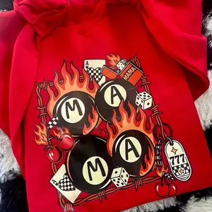 Edgy Mama 8 Ball Sweatshirt - Red Flame Design with Dice & Cards - Unisex Fit - Comfortable & Stylish