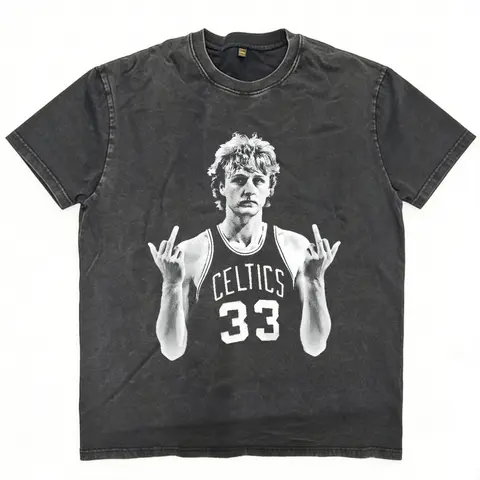 Men's Cotton Ribbed Shortleeve Fashion T-Shirt - Larry Bird 90s Vintage Middle Finger Basketball Tee, Unisex Menswear DTG Printing Gift for Birthdays, Shortsleeve, Oversized