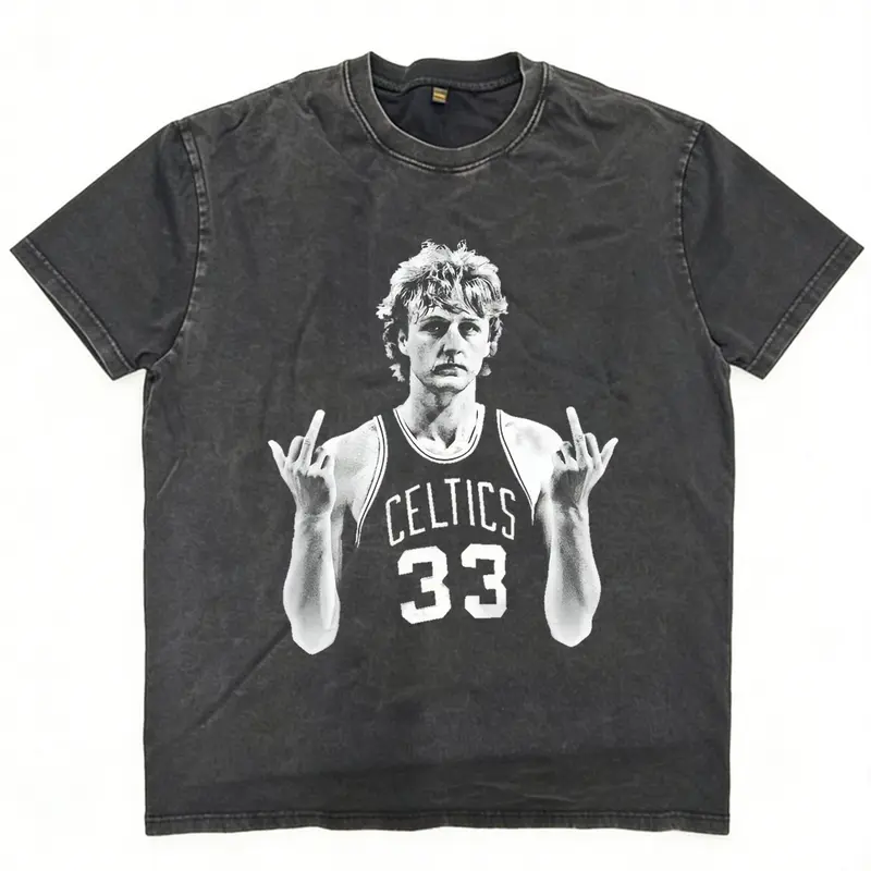 Men's Cotton Ribbed Shortleeve Fashion T-Shirt - Larry Bird 90s Vintage Middle Finger Basketball Tee, Unisex Menswear DTG Printing Gift for Birthdays, Shortsleeve, Oversized