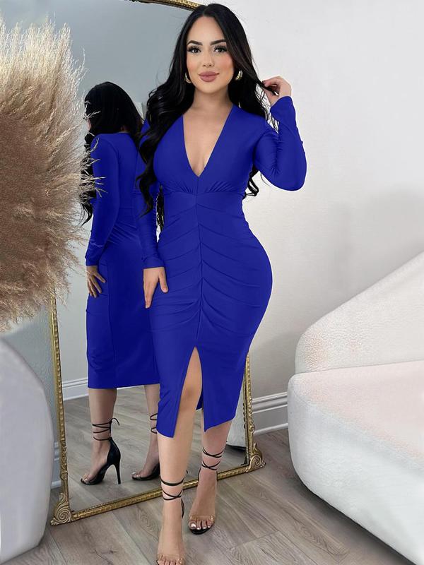Women's Plain Deep V Neck Dress, Bodycon Stretch, Elegant Fashion Casual Long Sleeve Vneck Dress for Daily Outdoor Wear, Women Dress for All Seasons