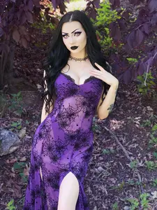 Lily Slip Dress in Purple Mesh Flocked Spiderwebs