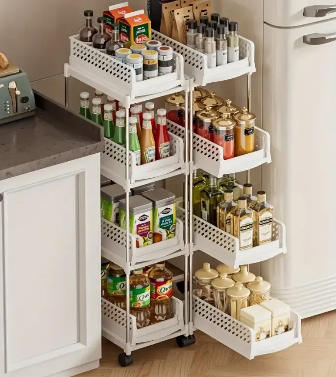 White 4-Layer Slim Rectangle Metal Rolling Storage Utility Rack - Space-Saving Slide-Out Tower with Durable Pull-Out Drawers, Smooth-Wheeling Mobility, Adjustable Standing Shelf for Kitchen, Bedroom Clothes Organizer Storage