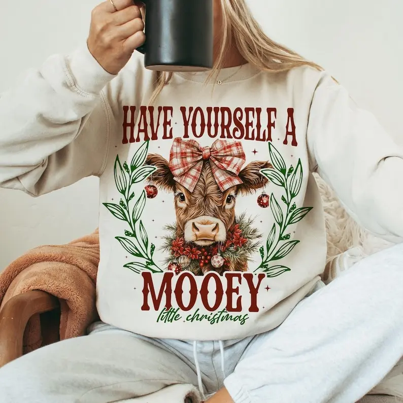 Coquette Cowgirl Christmas Sweatshirt Hoodie, Highland Cow Christmas Sweatshirt, Christmas Season, Christmas Highland Cow Bow , Western Christmas ,Girly Coquette Holiday, Xmas, Holiday,  Trending Christmas