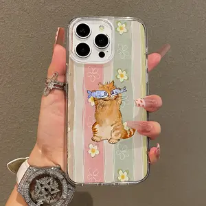Soft Girl Magnetic Case for iPhone11/12/13/14/15/16/17/promax, Cat with Fish Glasses Floral Striped Lightweight, Drop-Proof, MagSafe Compatible | Perfect for Teen Girls