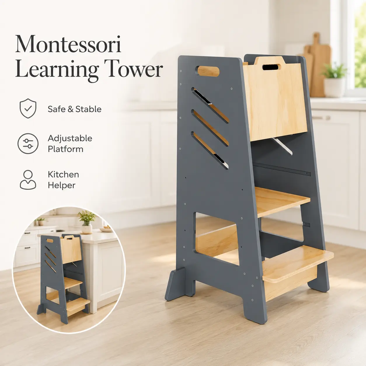 Pococub 3-Level Adjustable Kids Montessori Learning Tower - Ultra-Stable Base, Anti-Slip Pads, Flush Counter Height Multipurpose Furniture, Bathroom Stool for Various Room Types (Grey/Wood)