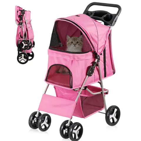 Segawe 4-Wheel Collapsible Pet Carrier Stroller for Small Dogs/Cats - Camping-Friendly, Stable Wheels, Metal Push Handle, Mesh Ventilation, Thick Fabric, Pink, Reduces Stress, Gear Basket, Cup Holder-Ready, Snack Tray, Zipper Closure, Joint Support