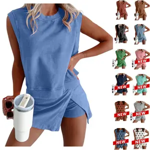 Womens 2 Piece Washed Cotton Outfits Tank Top Skort Set Casual Summer Tracksuit With Side Slit & Built-In Shorts