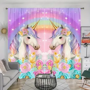 Unicorn Pattern Curtain, 2 Counts/set Cute Unicorn Pattern Curtain, Lightweight Semi Blackout Curtain, Room Decor Curtain, Window Covering for Home Living Room Bedroom