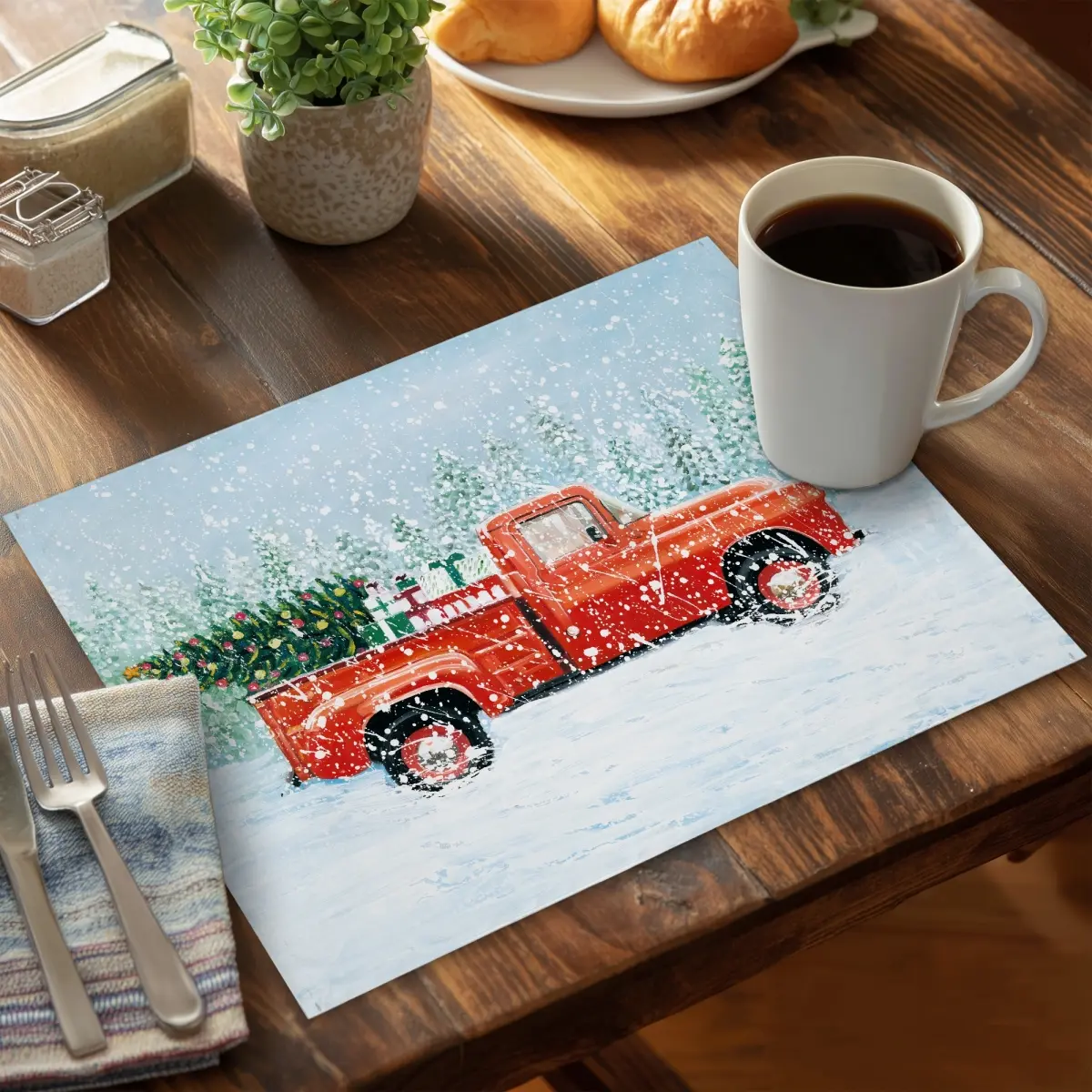 Vibrant Christmas Tree Truck Motif Polyester Placemats - 6-Piece Set, 14x18 in, 360 Stand, Durable Vintage Holiday Season Tableware, Kitchenware Home Decor Accents (Model C6PP1418HSO6FC), Rectangle