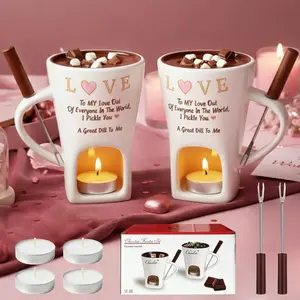 2 PCS Chocolate Fondue Mug with 2 Fork and 4 Candle, Ceramic Chocolate Melting Cup Ideal Couple Gifts Date Night Wedding Gifts
