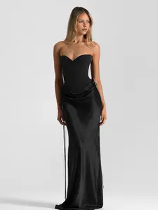 New European and American Women's Fashion Minimalist Solid Color Fishbone Waist Slimming Dress, Drapey Tailored Long Gown, Sleeveless, Strapless Satin Maxi Dress, Black Backless Evening Gown, Elegant Sexy Wedding Guest Dress, Formal Cocktail Slip Dress