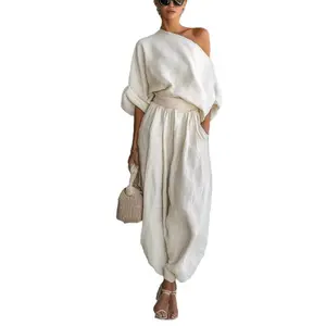 2026-2027-2-piece set: off-shoulder loose top and jogger pants| Women’s casual minimalist style, high-end laid-back and chic vibe, suitable for city vacations, relaxed business leisure, and other occasions