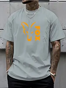 Men's Summer American Streetwear Fox Print Round Neck Short Sleeve, Versatile Sports Casual T-Shirt, Loose Fit, Geometric Pattern