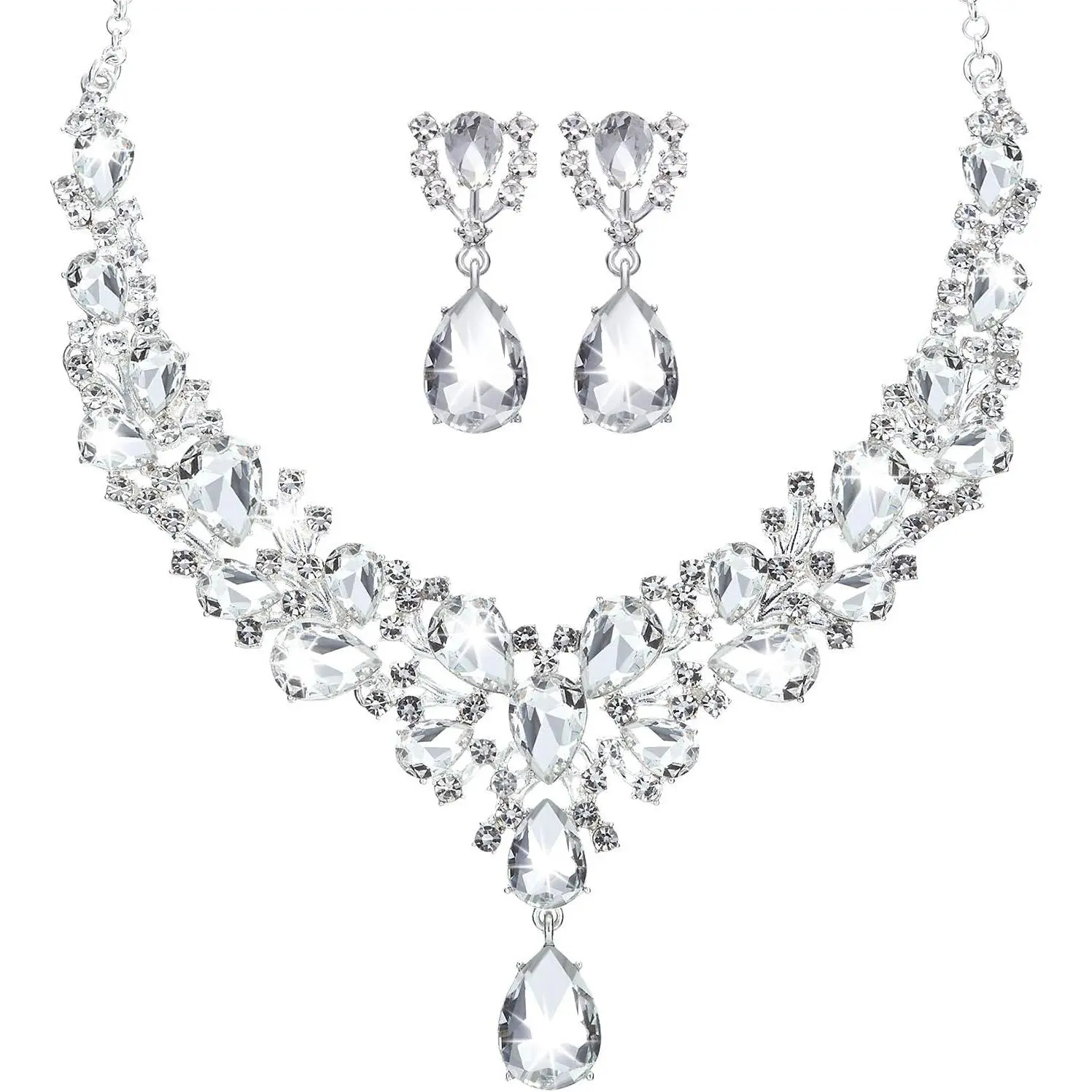 Bridal Teardrop Cluster Crystal Jewelry Set for Women Necklace Earrings Wedding