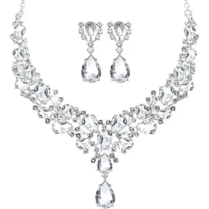 Bridal Teardrop Cluster Crystal Jewelry Set for Women Necklace Earrings Wedding