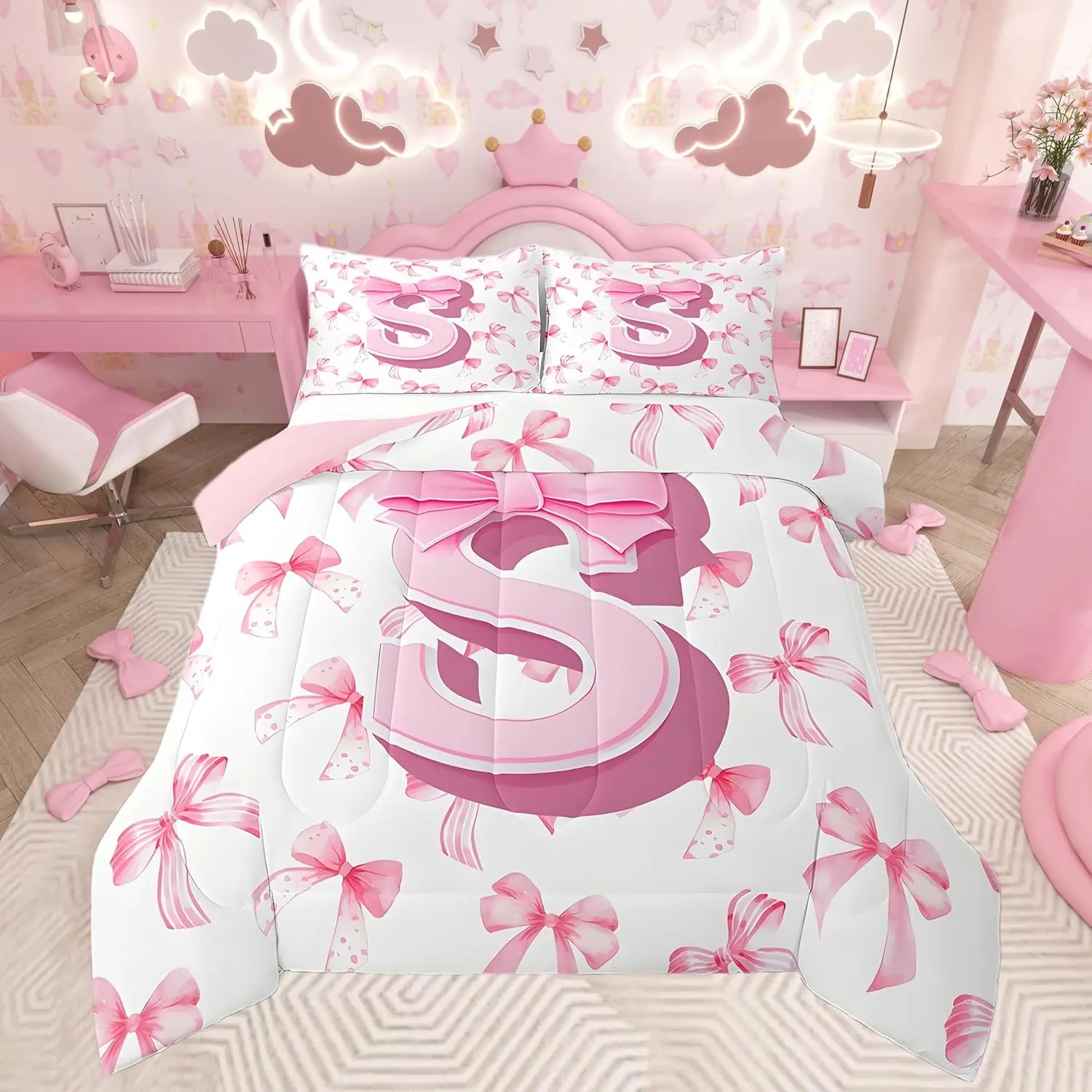 Feelyou Pink Bowknot Microfiber Bed Comforter Set - Personalized Initial Monogrammed Duvet, Kids Quilt, Coquette Room Decor, Breathable Soft, Digital Print, Machine Washable, Modern Bedding (Twin, Toddler Size, Full, King)