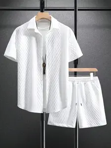 Textured Knit 2-Piece Outfit for Men, Summer Casual Loose Fit Button-Down Shirt & Drawstring Shorts Set for Vacation Daily Wear