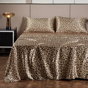 BEKRVIO- 4-Piece Gold leopard Pink Soft Satin Bomboo Bed Sheet Set Deep Pocket Faux Silky Bedding and Pillowcases Cooling & Wrinkle-Free King Queen Twin Size Low-Friction Cool Touch Breathable Heat-Dissipating Fitted Bed Sheet Set