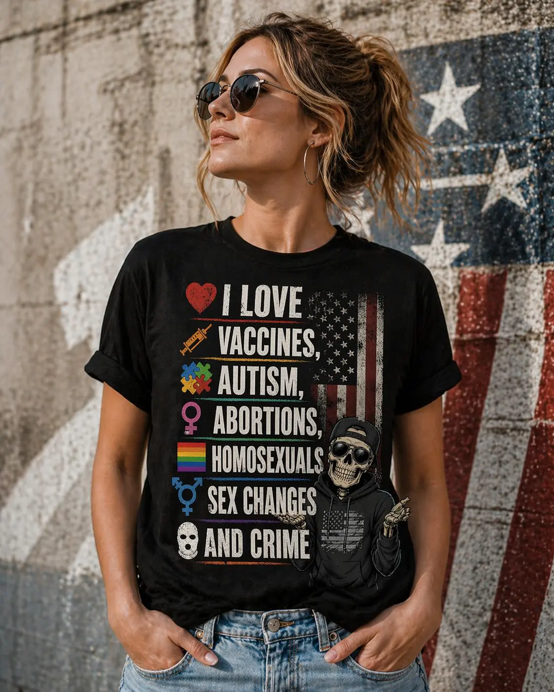 I Love Vaccines Autism Abortions Homosexuals Sex Changes And Crime Funny Political Statement Graphic T-Shirt