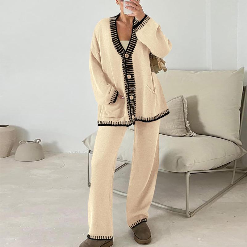 PrettyGarden Women's 2 Piece Set Winter Knit Outfits Matching Loungewear Long Sleeve V Neck Cardigan Sweaters Wide Leg Pants Tracksuits