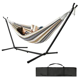 Double Hammocks with Stand for Outside, Portable Space Saving Heavy-Duty Steel Stand for Indoor Outdoor Patio with Carrying Bag, 450 lbs Capacity (Coffee)