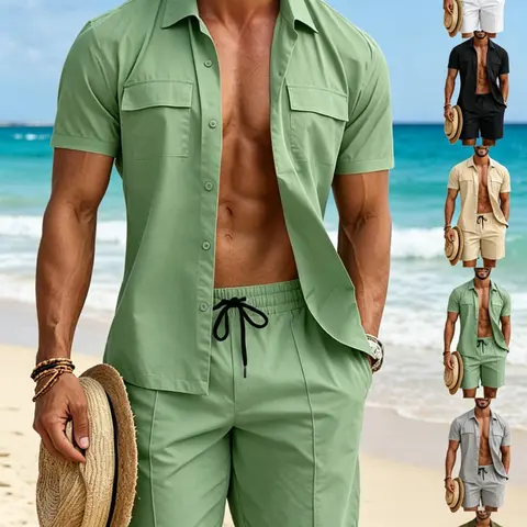 2026 Summer New Thin Men's Loose Casual Vacation Skin-Friendly Workwear Short Sleeve Shirt Shorts Set, Resort Wear Set Hawaiian Tropical Light Mature Classic Style Two-Piece Set Outfit